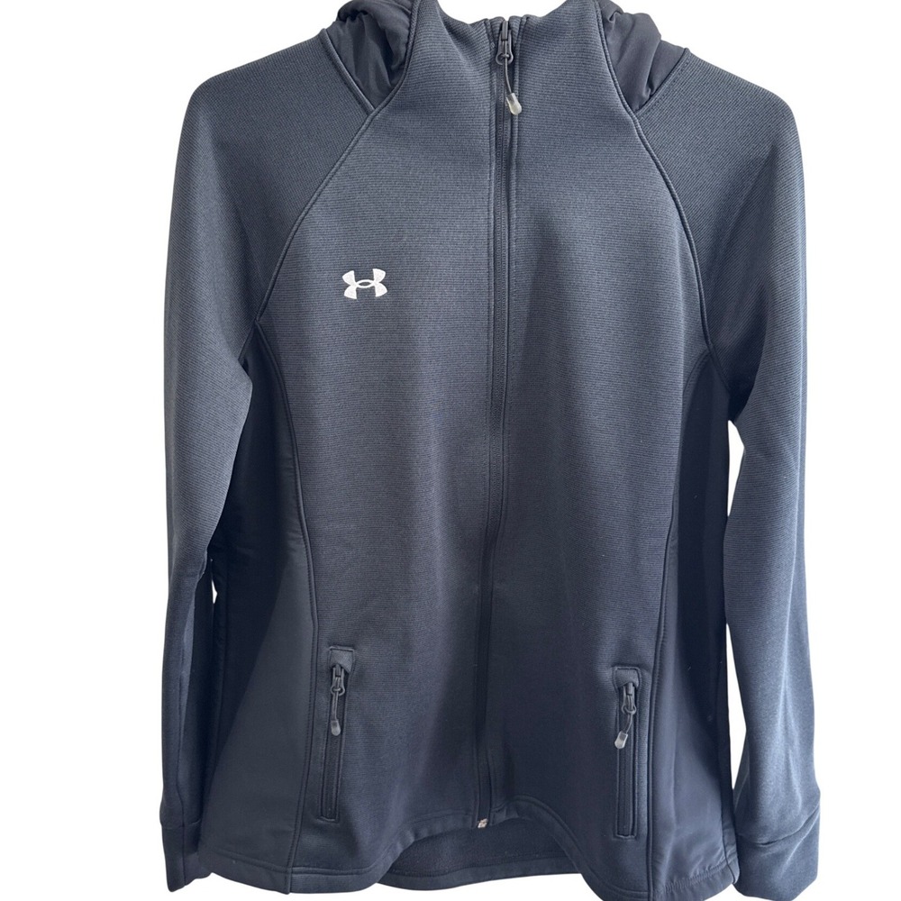 Under Armour Womens Black Full Zip Hooded Jacket Loose Fit Fleece Lined Large